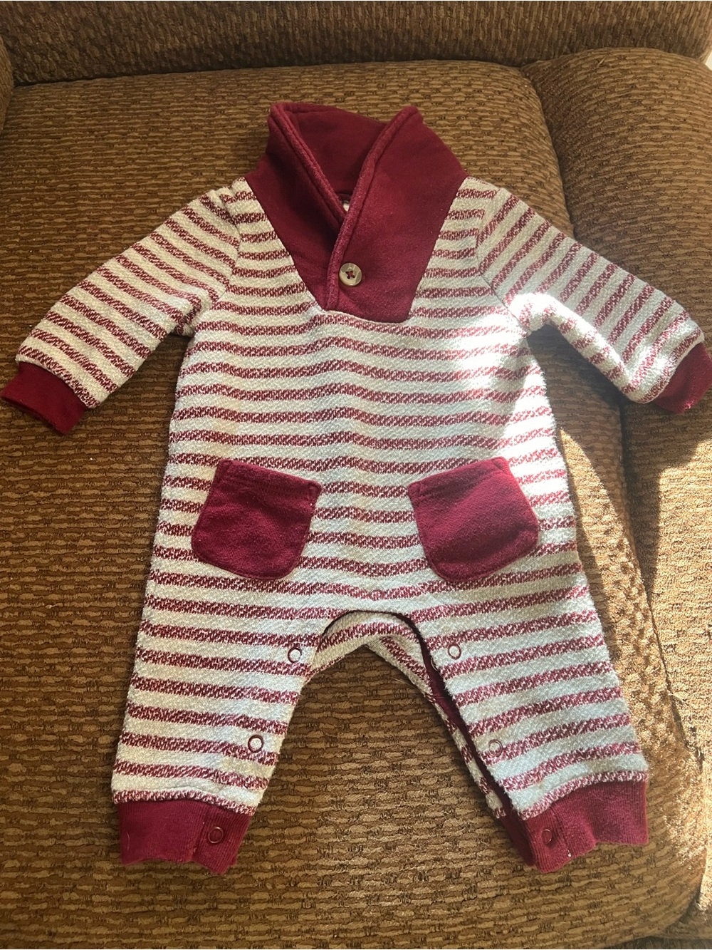 Striped Burgundy and White Baby One-Piece Romper